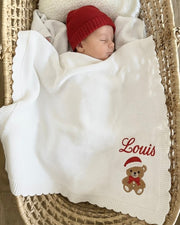 Personalised cotton knitted Christmas baby blanket in snow white with name embroidery - Eli&Eli Dubai