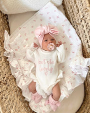 Personalised Flora muslin baby blanket in white with tiny pink flowers - Eli&Eli Dubai