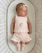 Jacquard cotton knitted baby girl set in dream blush, crop top and shorts with bow - Eli&Eli Dubai
