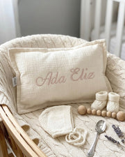 Luxury personalised muslin deco and sleep baby pillow in cream ivory - Eli&Eli Dubai