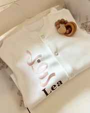 Oriental white cotton baby overall with Ramadan Arabic design in glitter blush and name - Eli&Eli Dubai