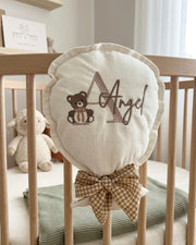 Personalised handmade baby balloon pillow in ivory muslin with embroidered name - Eli&Eli Dubai