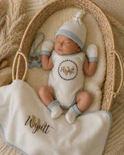 Personalised baby boy gift set in blue, 7-piece newborn set with name embroidery - Eli&Eli Dubai