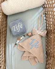 Personalised baby boy knitted comforter and pacifier holder gift set with name embroidery - Eli&Eli Dubai