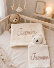 Personalised cotton muslin baby swaddle blanket with name embroidery, colour selection - Eli&Eli Dubai