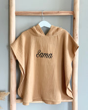 Personalised hooded muslin poncho towel in honey caramel for babies and kids - Eli&Eli Dubai