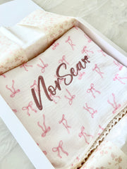 Beautiful Vintage Muslin Blanket | White Bows