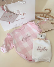 Custom Name or Monogram Knitted Baby Romper with Ruffles - Pink & White Caro (2 Pieces) - view 7 | Eli&Eli