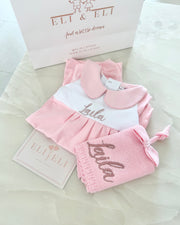 Personalised blush pink cotton baby overall set - view 7 | Eli&Eli
