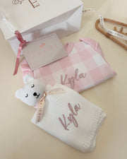 Custom Name or Monogram Knitted Baby Romper with Ruffles - Pink & White Caro (2 Pieces) - view 6 | Eli&Eli
