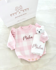 Personalised knitted baby ruffle romper in pink and white check - view 4 | Eli&Eli