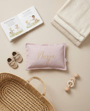 Luxury Deco and Sleep Baby Pillow | Muslin Dusty Pink Gold Dots