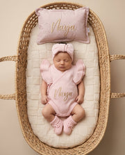Luxury Deco and Sleep Baby Pillow | Muslin Dusty Pink Gold Dots