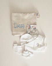 Bestseller personalised neutral newborn gift set with white cotton overall - view 13 | Eli&Eli