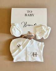 Bestseller personalised neutral newborn gift set with white cotton overall - view 2 | Eli&Eli
