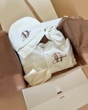 Bestseller personalised neutral newborn gift set with white cotton overall - view 5 | Eli&Eli