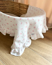 Personalised Flora muslin baby blanket in white with tiny pink flowers - Eli&Eli Dubai