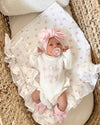 Personalised Flora muslin baby blanket in white with tiny pink flowers - Eli&Eli Dubai