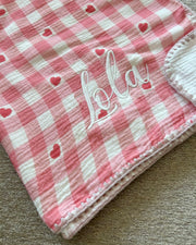 Gingham muslin baby blanket little hearts - view 7 | Eli&Eli