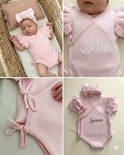 Collage of baby in pink outfit with 'Bella' and 'Lavina' names, set against a neutral background.