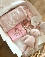 Knitted bow comforter and pacifier holder in pink - view 2 | Eli&Eli