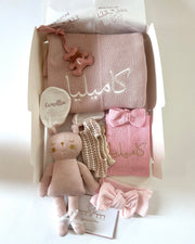 Knitted bow comforter and pacifier holder in pink - view 4 | Eli&Eli