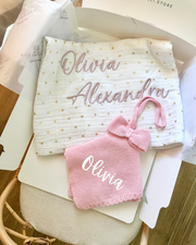 Knitted bow comforter and pacifier holder in pink - view 5 | Eli&Eli