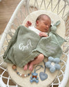 Luxury personalised blanket gift hamper in hunter green and blue, 6-piece newborn gift set - Eli&Eli Dubai