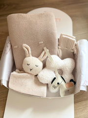 Personalised knitted baby blanket in beige and white - ivory gift hamper by Eli&Eli