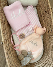 Luxury personalised cotton baby gift hamper in baby blush - view 2 | Eli&Eli
