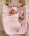 Luxury personalised knitted baby blanket in blush and white - Eli&Eli Dubai