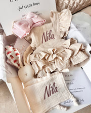 Luxury personalised ruffled muslin gift set in ivory blush - view 14 | Eli&Eli