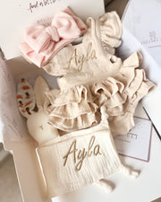 Luxury personalised ruffled muslin gift set in ivory blush - view 15 | Eli&Eli