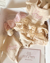 Luxury personalised ruffled muslin baby gift set in ivory blush, 3 pieces with name embroidery - Eli&Eli Dubai