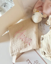 Luxury personalised ruffled muslin gift set in ivory blush - view 2 | Eli&Eli