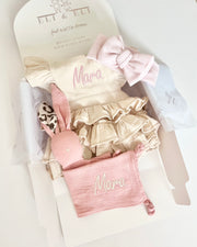Luxury personalised ruffled muslin gift set in ivory blush - view 3 | Eli&Eli
