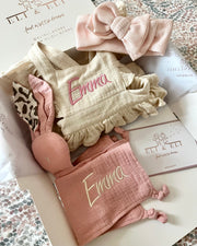 Luxury personalised ruffled muslin gift set in ivory blush - view 4 | Eli&Eli
