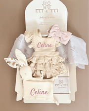 Luxury personalised ruffled muslin gift set in ivory blush - view 5 | Eli&Eli