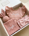 Luxury personalised ruffled terry baby gift set in blush rose, 3 pieces with name embroidery - Eli&Eli Dubai