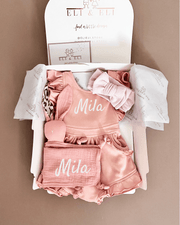 Luxury personalised ruffled terry gift set in blush rose - view 2 | Eli&Eli