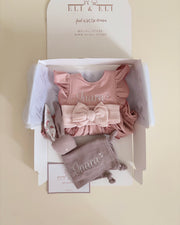 Luxury personalised ruffled terry gift set in blush rose - view 3 | Eli&Eli