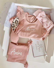Luxury personalised ruffled terry gift set in blush rose - view 4 | Eli&Eli