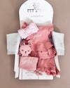 Luxury personalised ruffled terry baby gift set in magnolia pink, 4 pieces - Eli&Eli Dubai