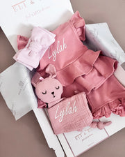 Luxury personalised ruffled terry gift set in magnolia pink - view 2 | Eli&Eli