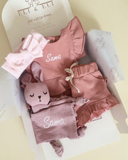 Luxury personalised ruffled terry gift set in magnolia pink - view 7 | Eli&Eli