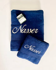 Luxury personalised towel gift set in navy blue and gold - view 4 | Eli&Eli