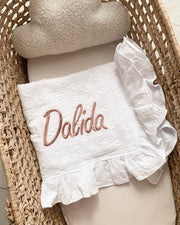 Luxury ruffle muslin baby blanket in white - view 3 | Eli&Eli