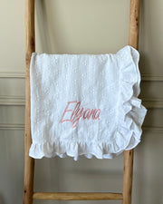 Luxury ruffle muslin baby blanket in white - view 4 | Eli&Eli