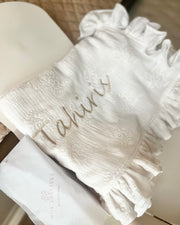 Luxury ruffle muslin baby blanket in white - view 9 | Eli&Eli