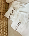 Oriental white cotton baby overall with stars design in gold beige and name - Eli&Eli Dubai